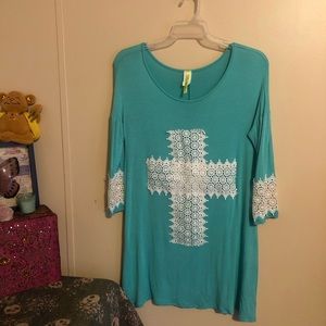 Si Style Teal/White Boutique 3/4 Sleeve Embroidered Jersey Knit Mini Dress